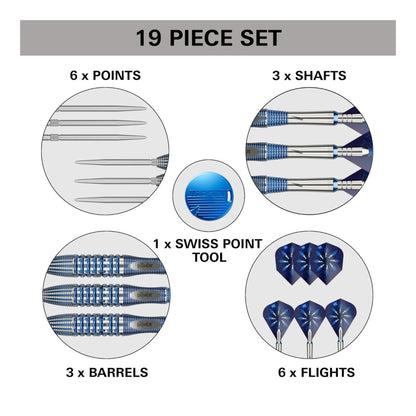 19-piece dart set with components labeled on a white background