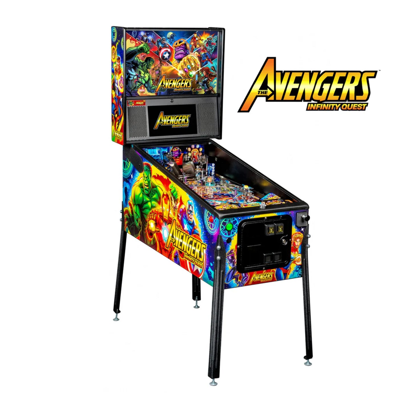 Pinball machine themed after 'The Avengers' with colorful design and logo.