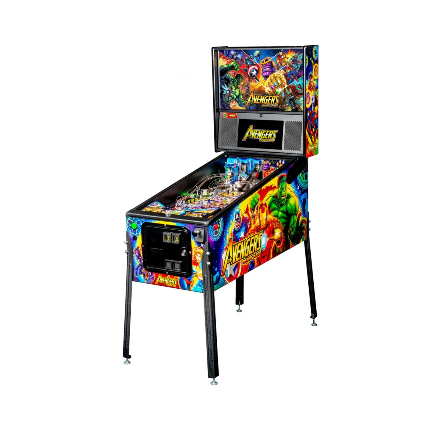 Colorful pinball machine with 'Avengers' theme on a white background