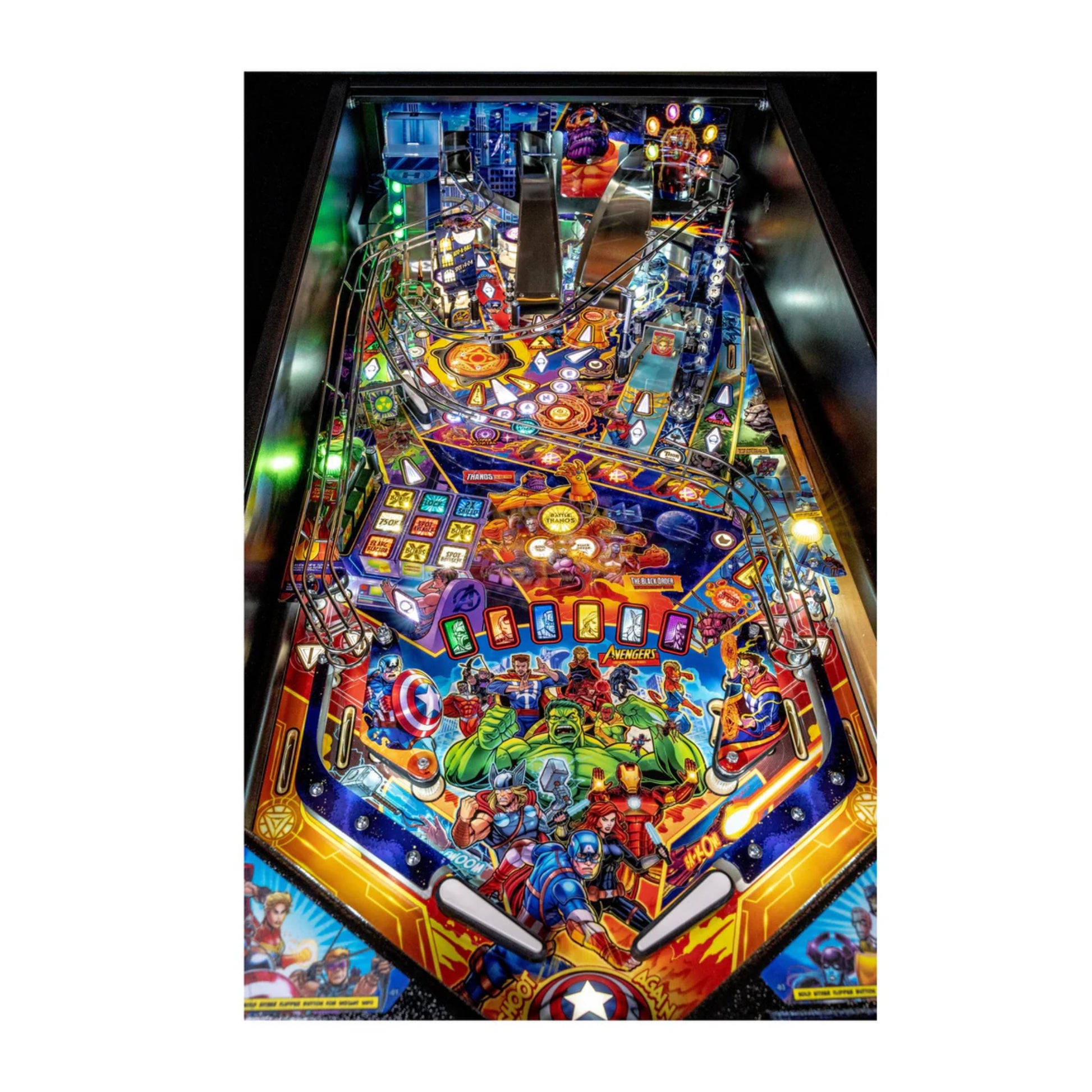 Colorful pinball machine with superhero theme on a white background