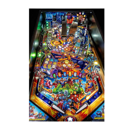Colorful pinball machine with superhero theme on a white background