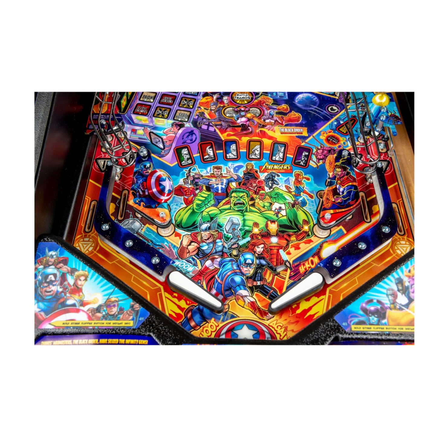 Colorful pinball machine with superhero characters on a white background
