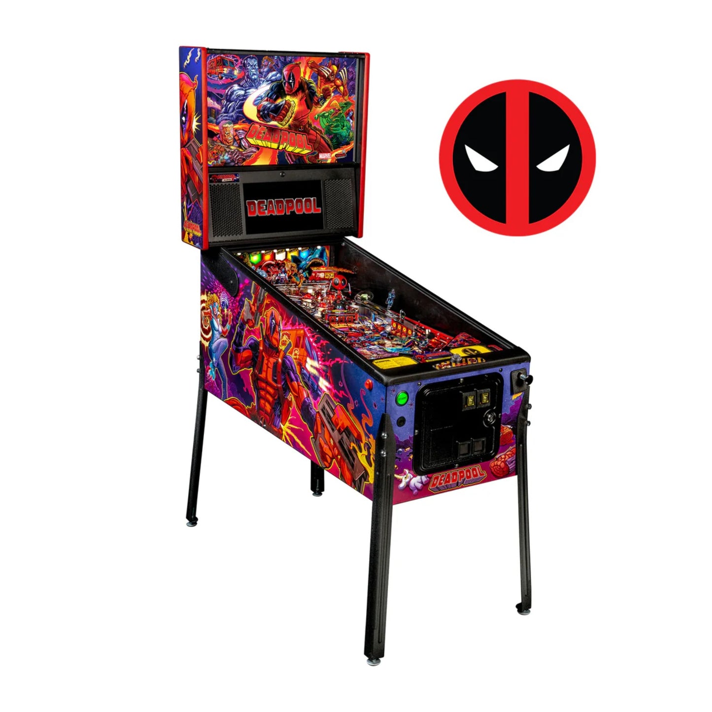 Deadpool-themed pinball machine with character logo on a white background