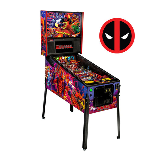 Deadpool-themed pinball machine with character logo on a white background