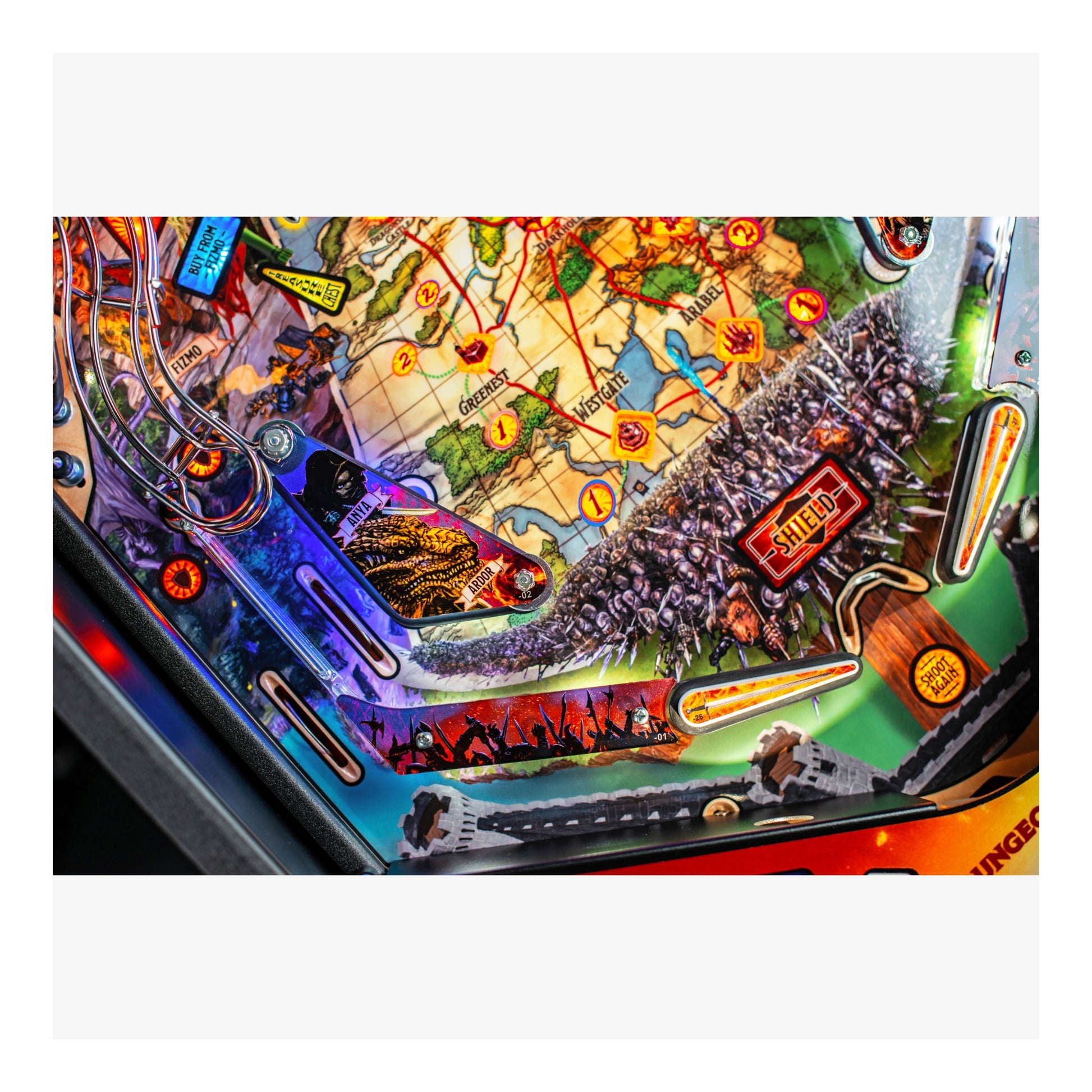 Close-up of a colorful pinball machine with detailed artwork and lights.