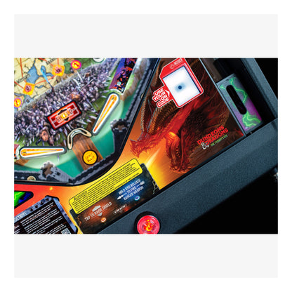 Close-up of a colorful arcade game cabinet with various buttons and displays.