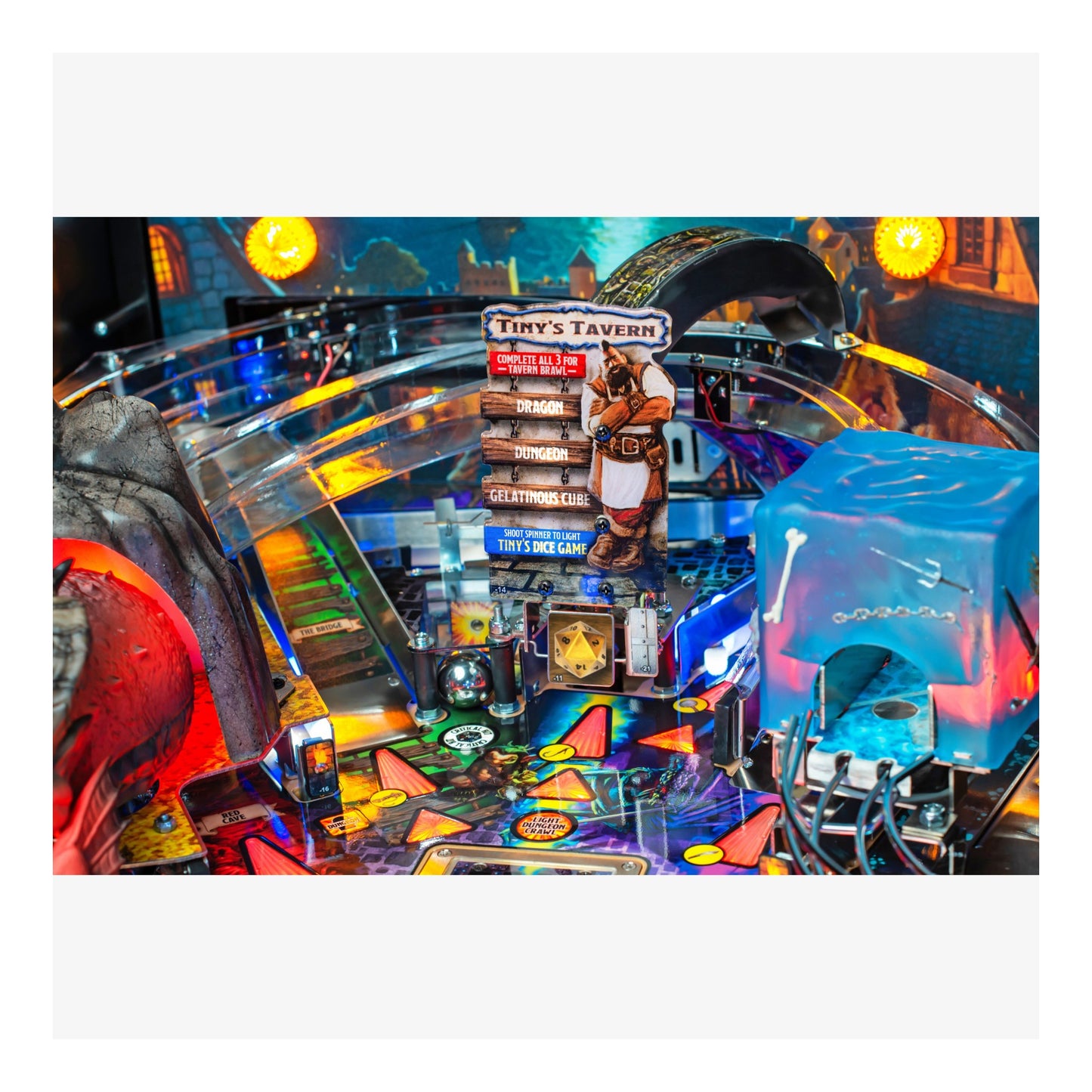 Colorful pinball machine with various lights and details
