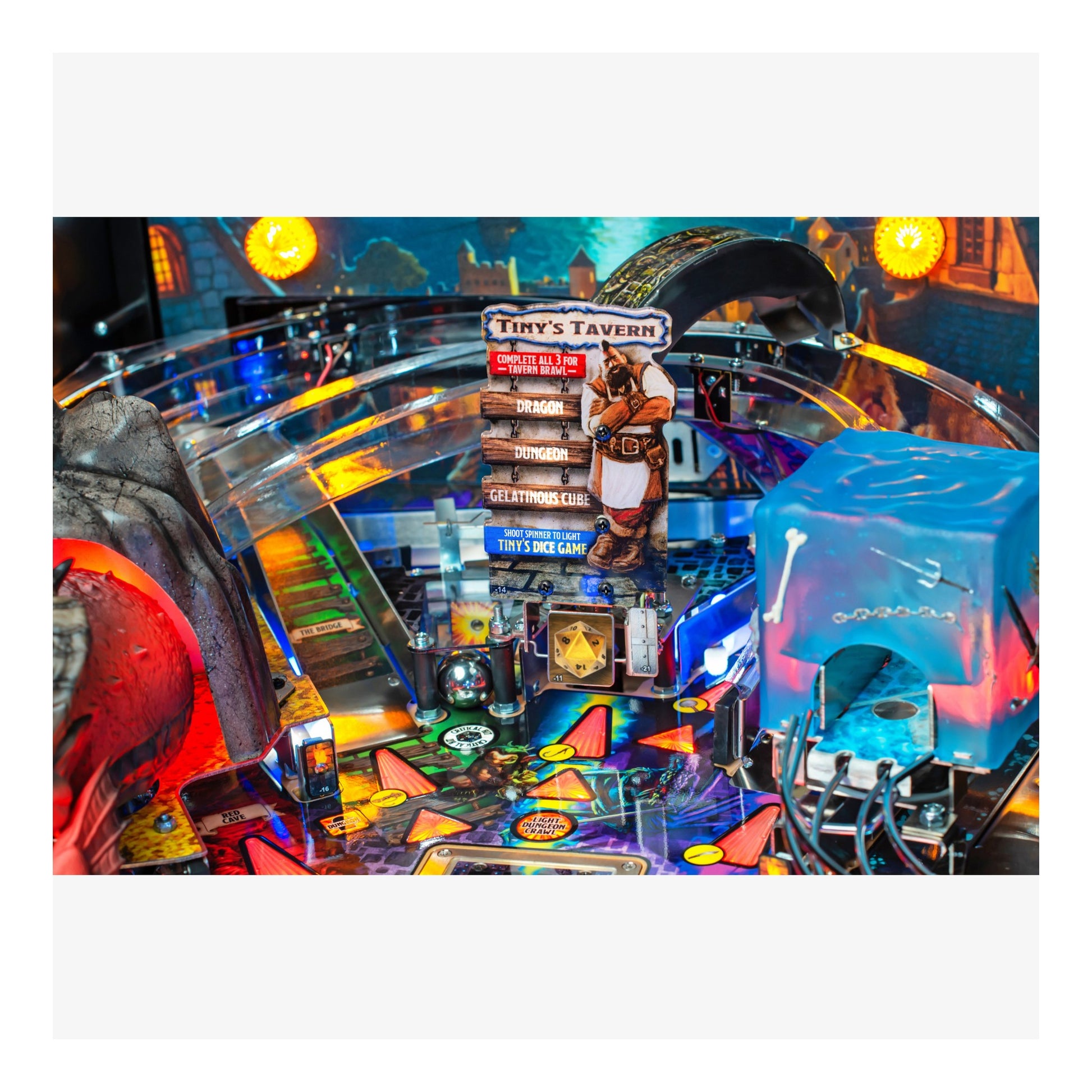 Colorful pinball machine with various lights and details