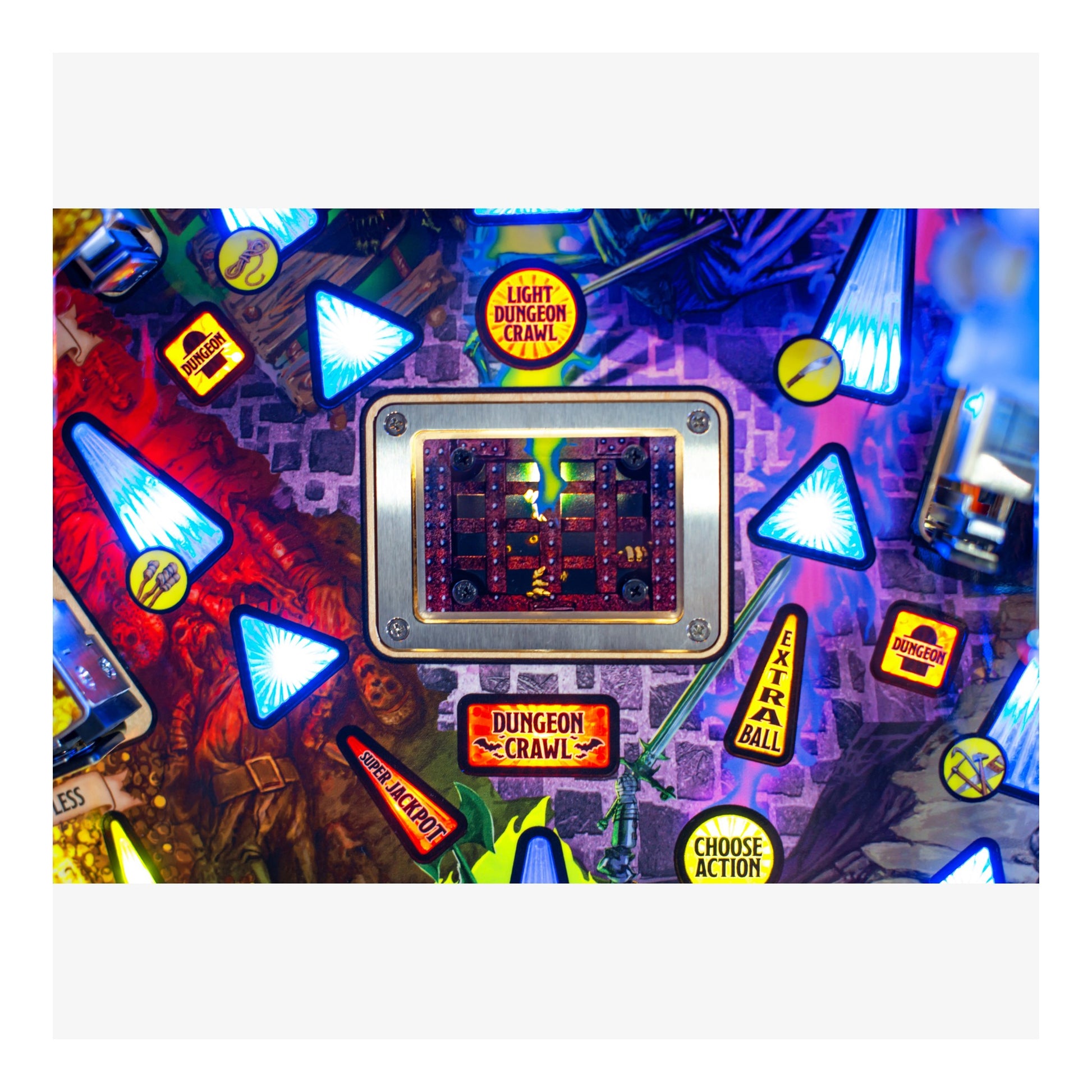 Colorful board game component with various game pieces and text on a multicolored background