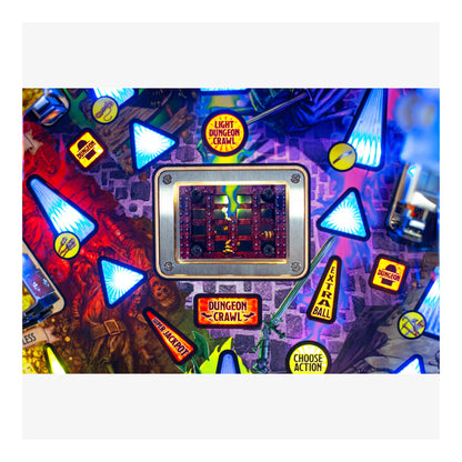 Colorful board game component with various game pieces and text on a multicolored background