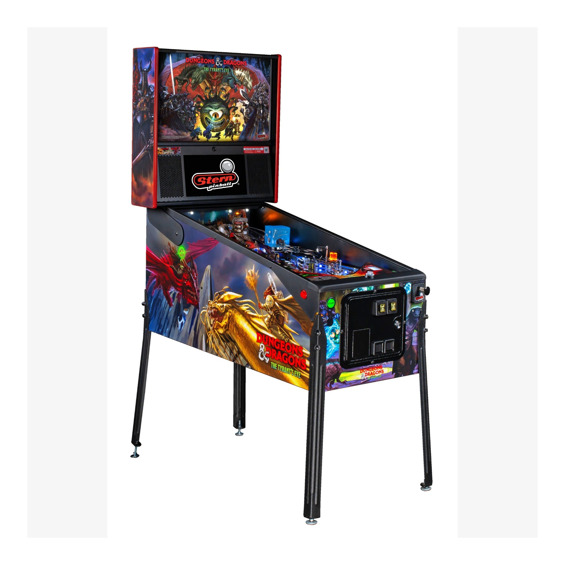 Pinball machine with colorful artwork on a white background
