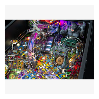 Pinball machine with colorful playfield and various elements