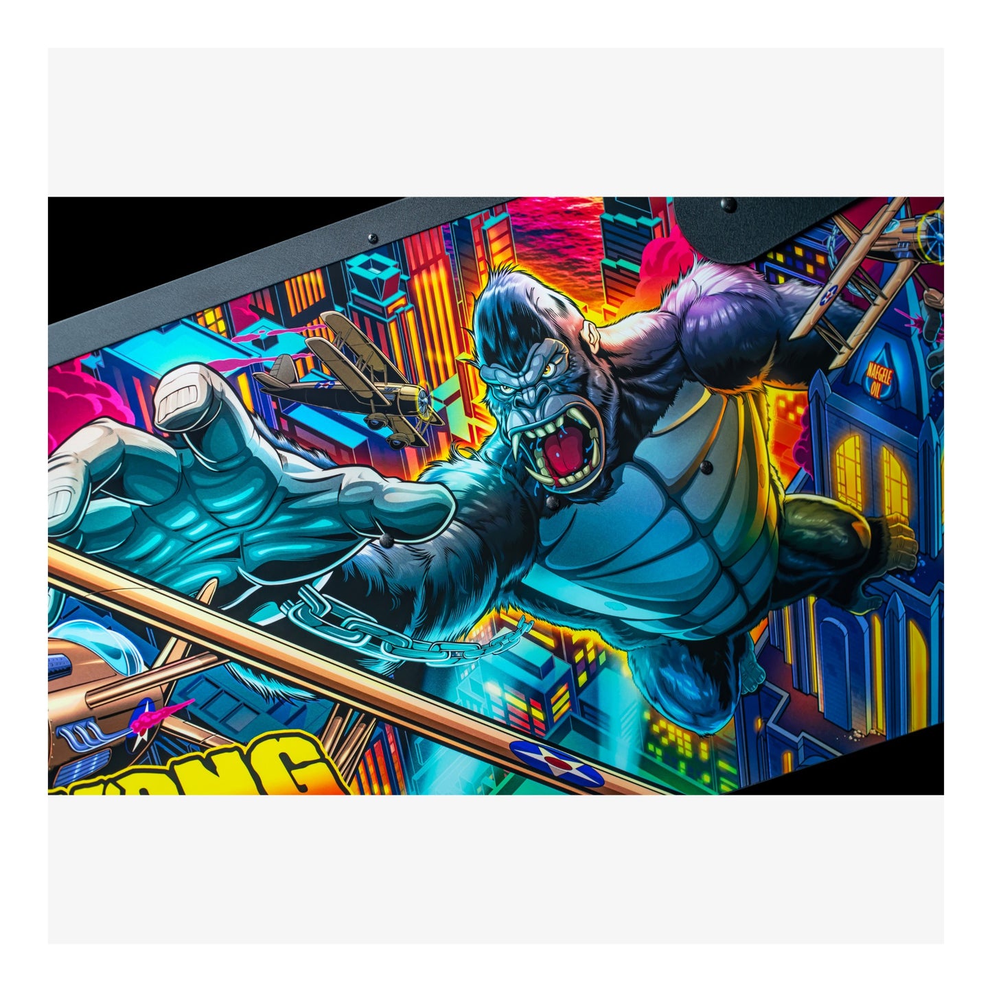 Colorful pinball machine with a large, animated character on a white background