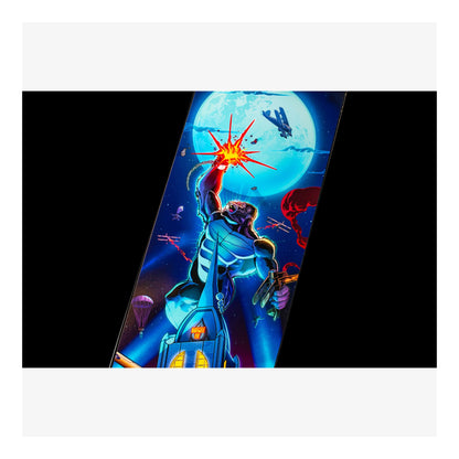 Comic book cover with a superhero character holding a weapon against a dark background