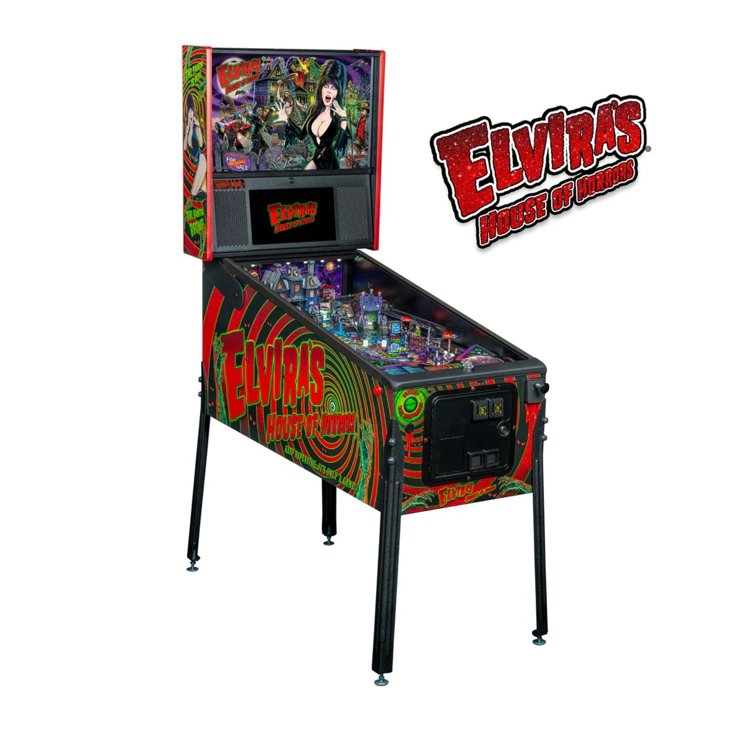 A full shot of the Elvira's House of Horrors pinball machine, showing the haunted mansion toy and B-movie-style cabinet art.