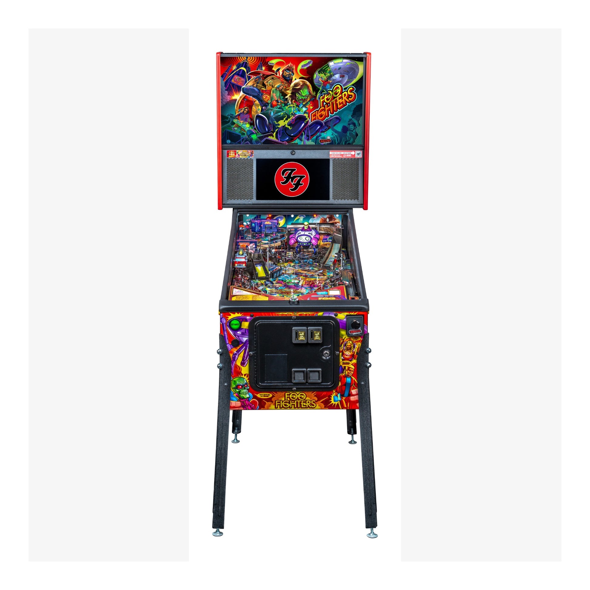 Colorful pinball machine with vibrant graphics on a white background