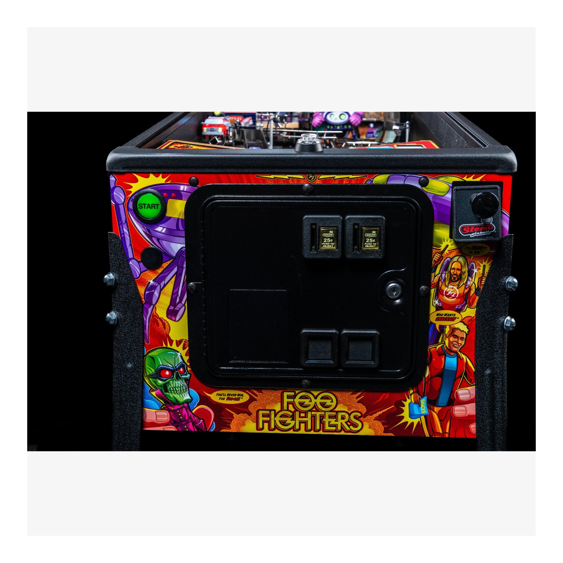 Pinball machine with 'Foo Fighters' branding on a white background