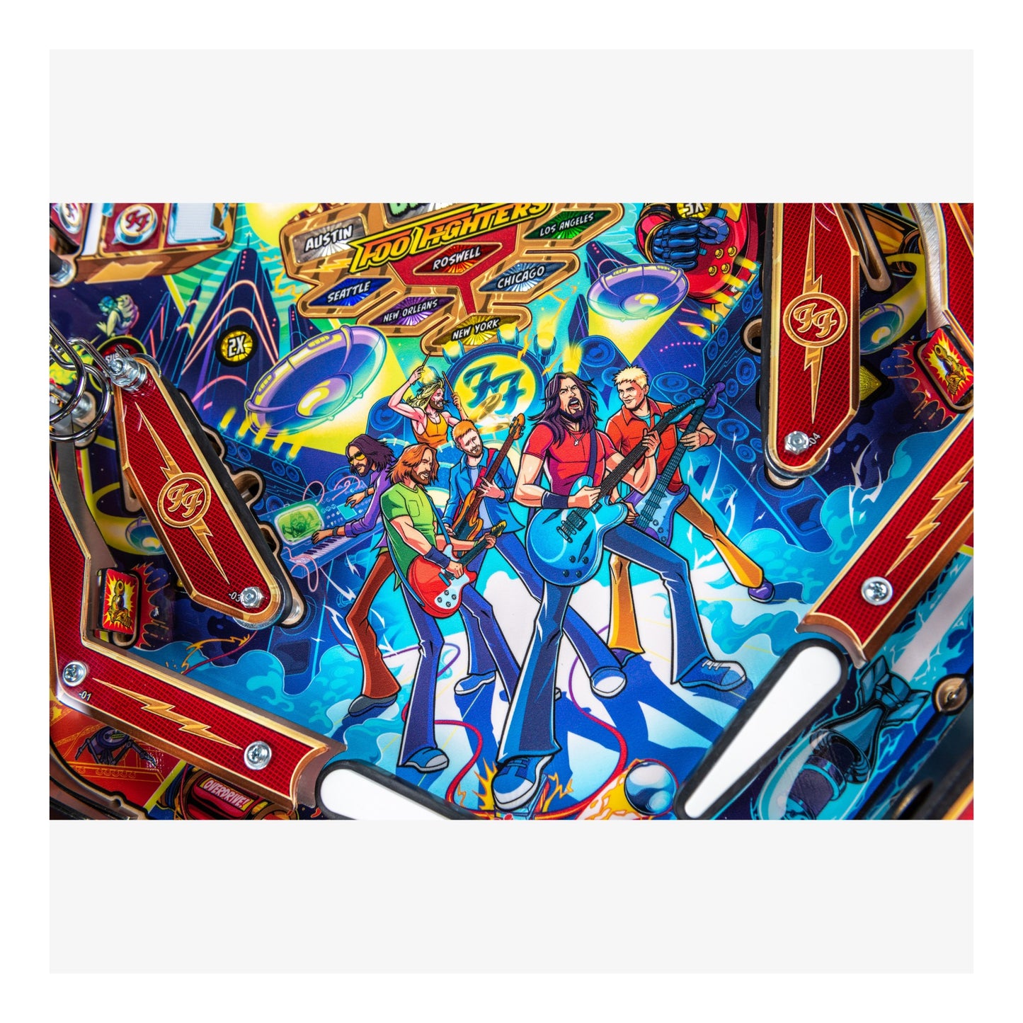 Colorful pinball machine design with band members and musical instruments