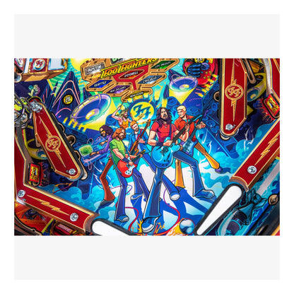 Colorful pinball machine design with band members and musical instruments