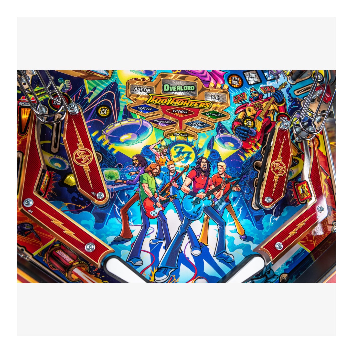 Pinball machine with colorful design featuring musicians and guitars