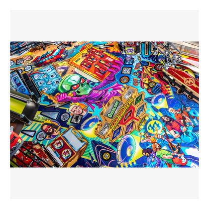 Colorful pinball machine with various symbols and characters on a white background