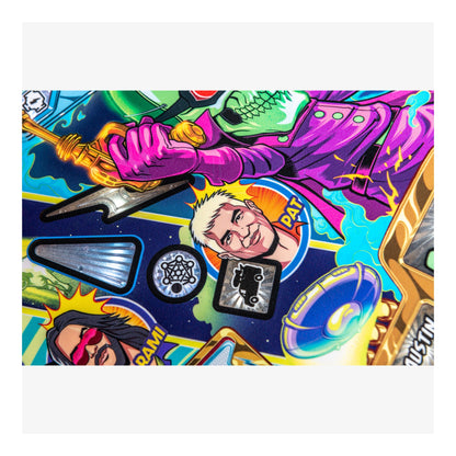 Colorful graphic with cartoon characters and space-themed elements on a white background