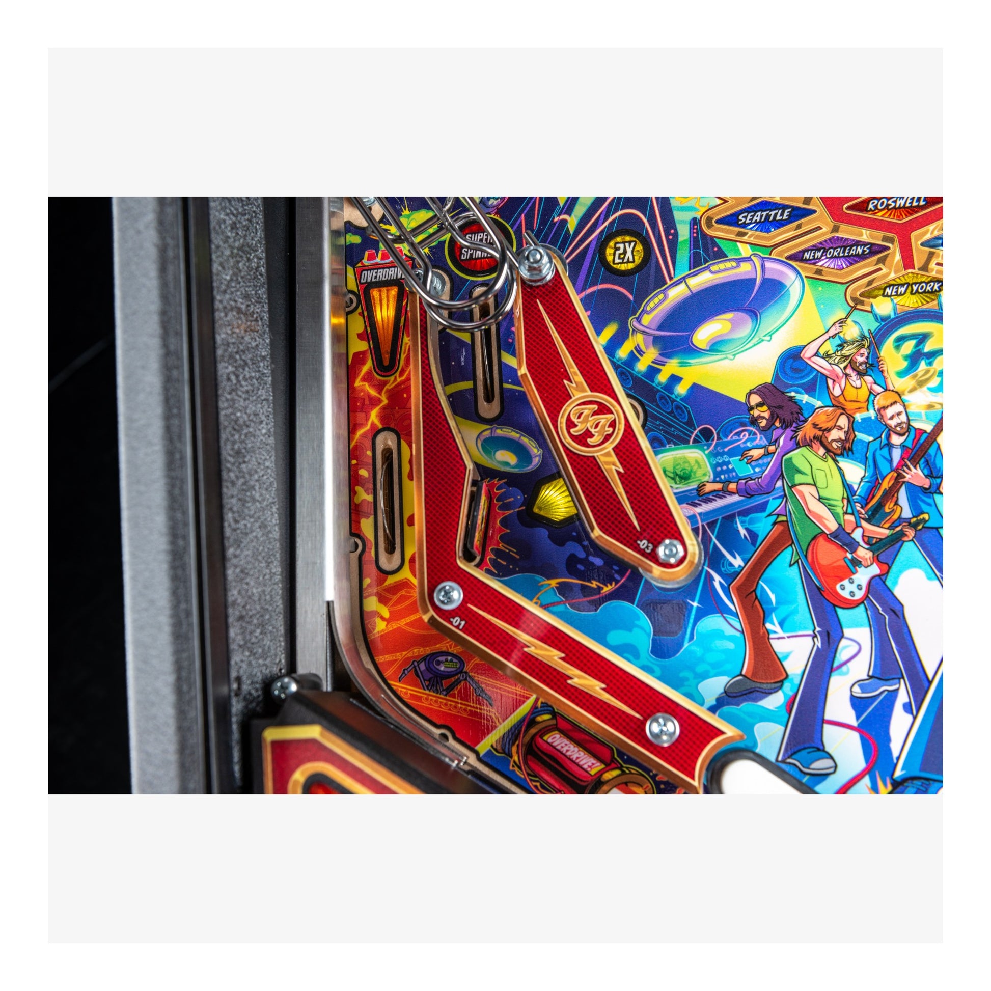 Close-up of a colorful pinball machine with detailed artwork and vibrant colors.