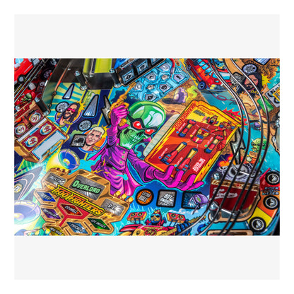 Colorful pinball machine with various elements and characters on a white background