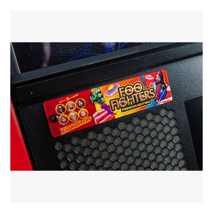 Foo Fighters arcade machine cabinet with a colorful label featuring band members.