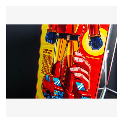 Toy figure with red and yellow colors on a black background