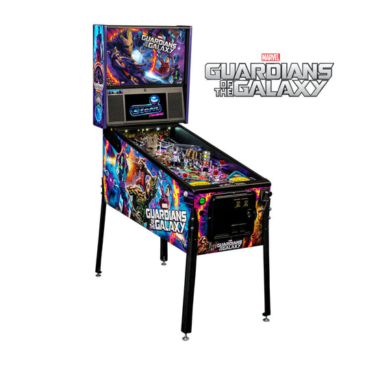 Pinball machine themed after 'Guardians of the Galaxy' with colorful design and Marvel logo.