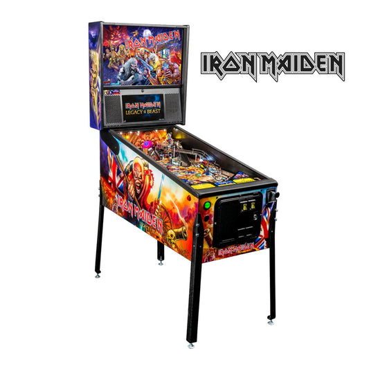 Pinball machine with Iron Maiden branding on a white background