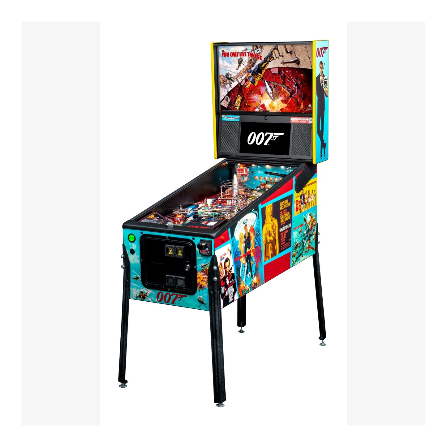Pinball machine themed after James Bond with colorful design and screen displaying '007'.
