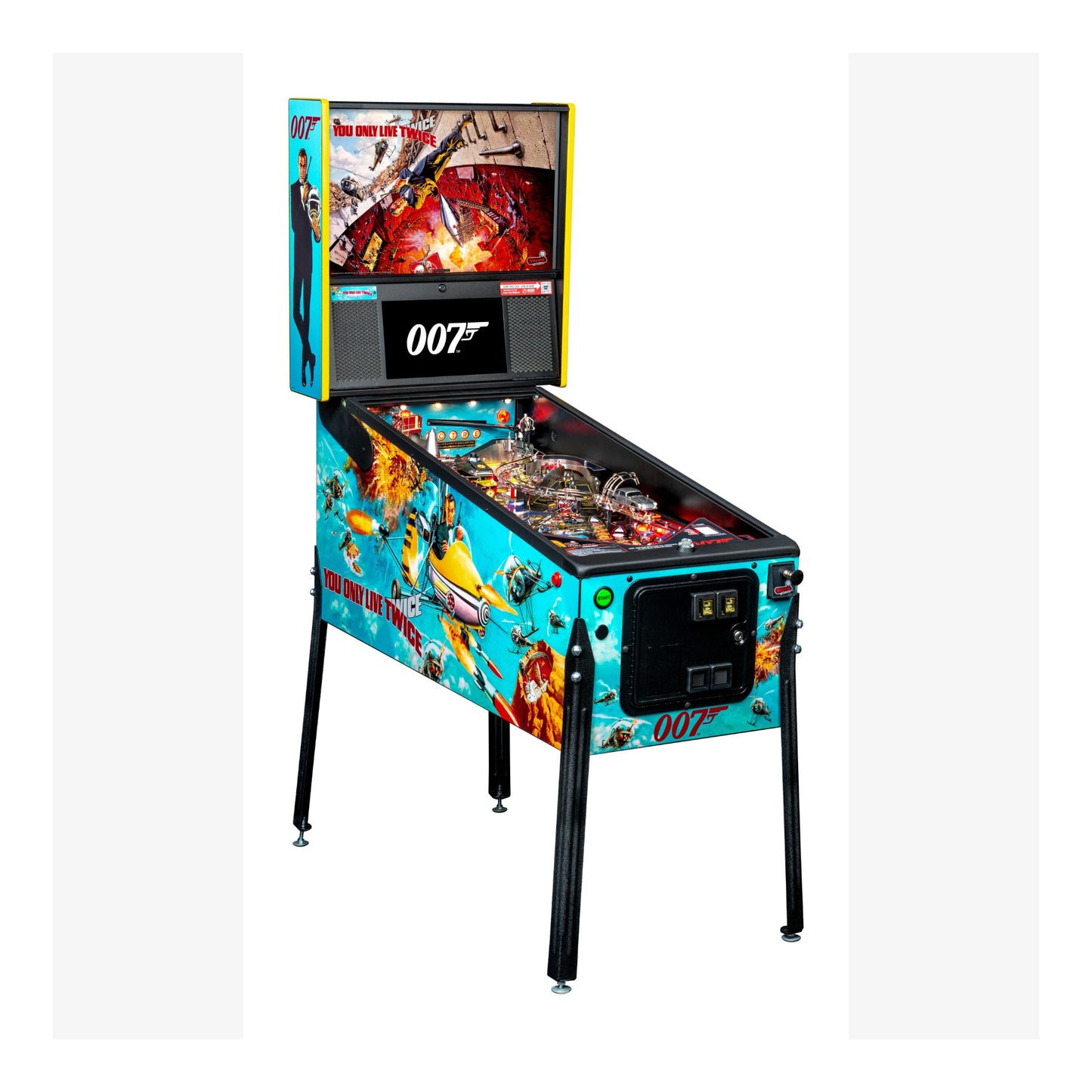 Pinball machine themed after James Bond with colorful design and screen displaying '007'.