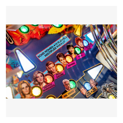 Pinball machine with 'Bond Women' multiplier wheel featuring images of women and a man.
