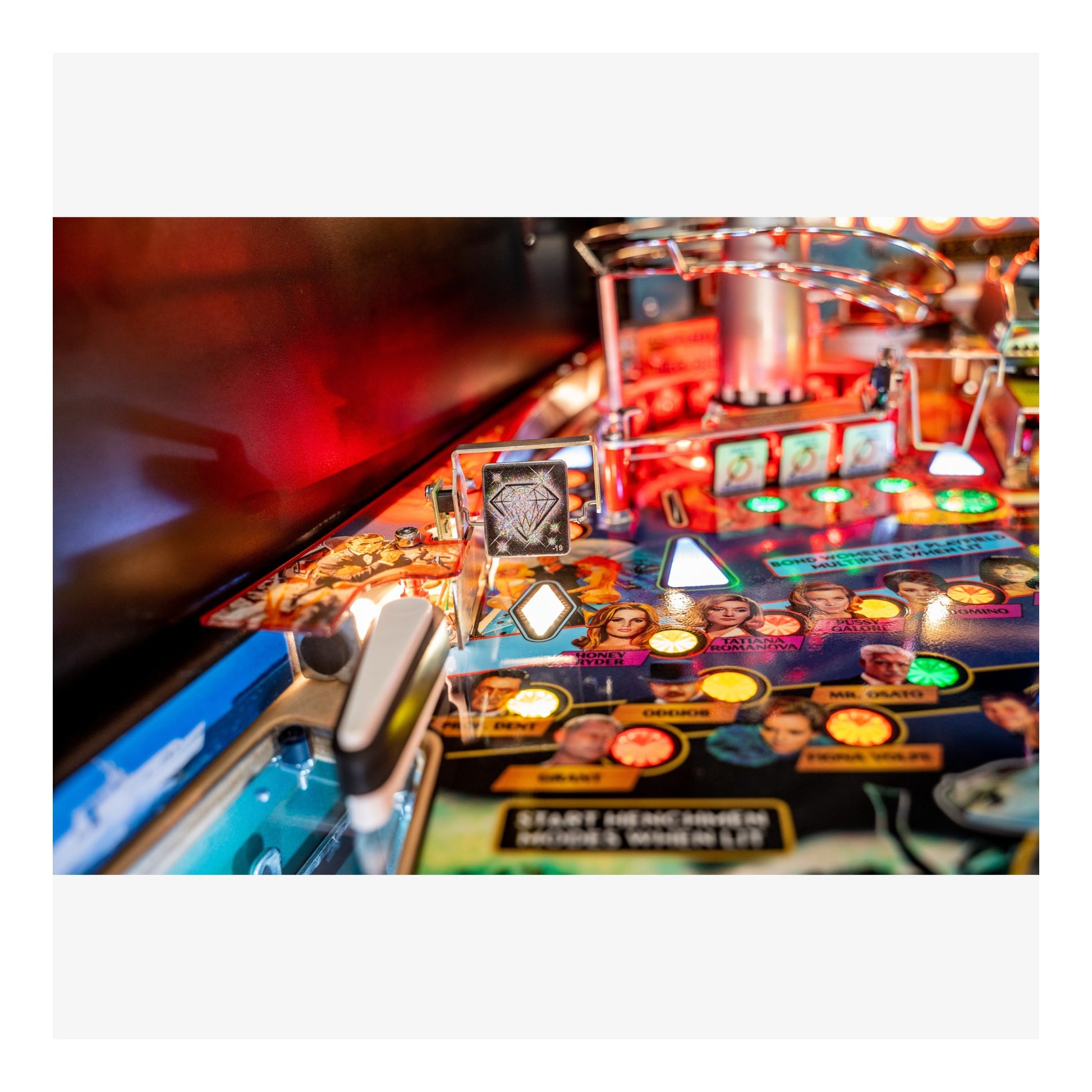 Close-up of a pinball machine with colorful lights and players' faces on the playfield.
