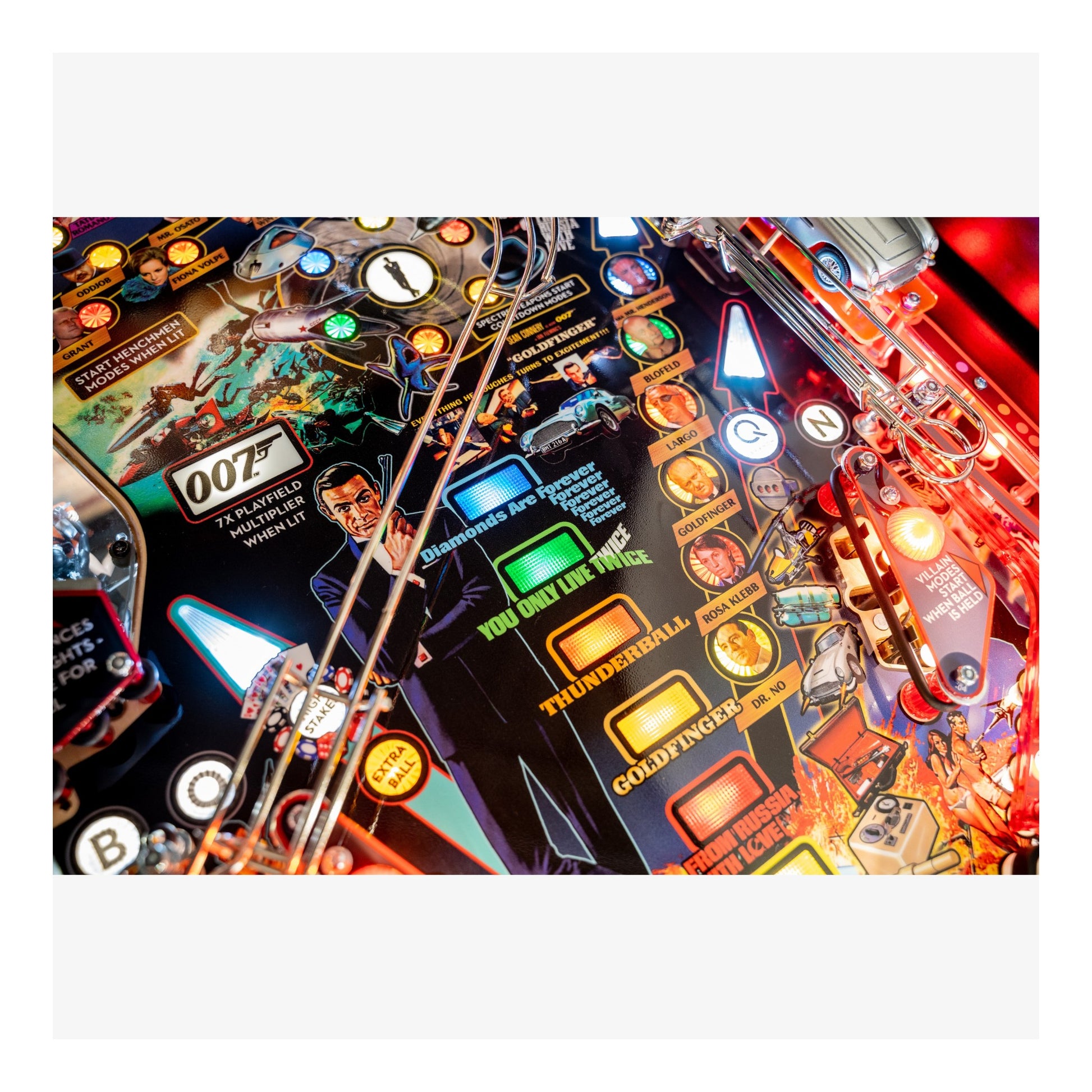Close-up of a pinball machine with colorful lights and details, featuring a James Bond theme.