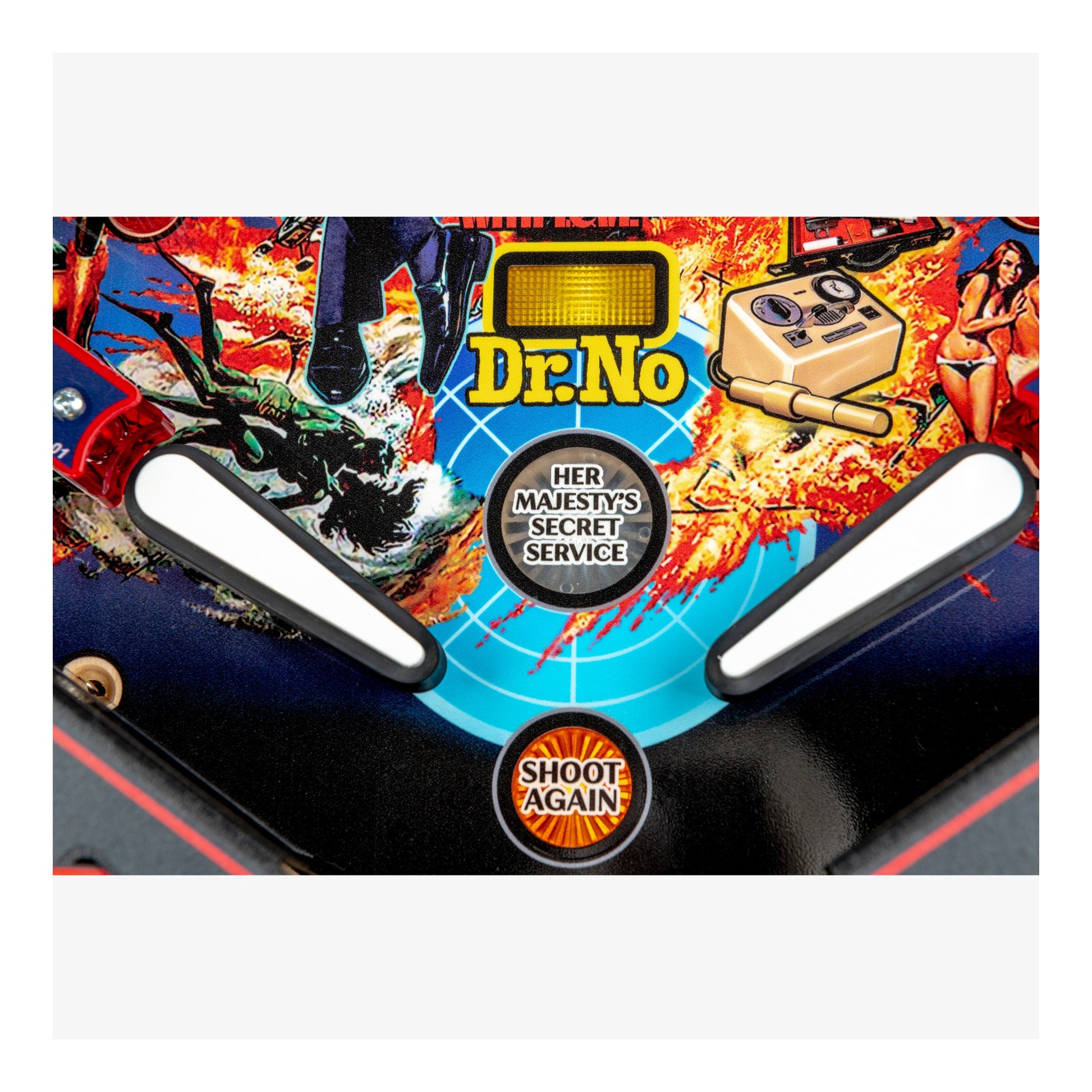 Pinball machine with 'Dr. No' and 'Her Majesty's Secret Service' branding.