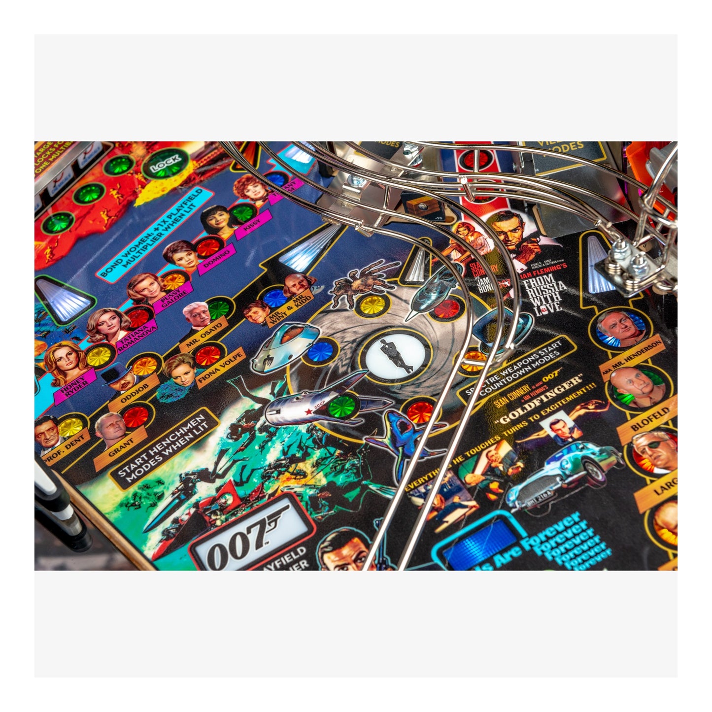 Close-up of a pinball machine with colorful artwork and characters on the playfield.