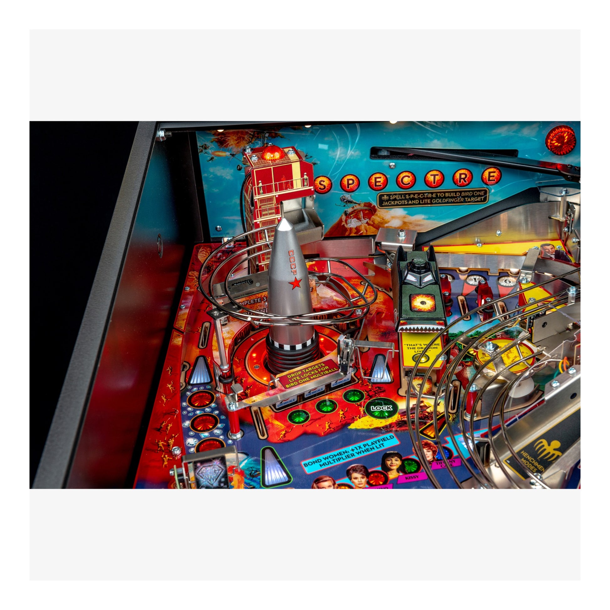 Close-up of a pinball machine with vibrant colors and detailed design.