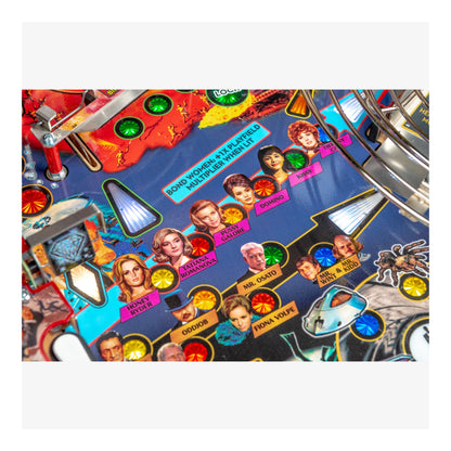 Close-up of a pinball machine with colorful artwork and character portraits.