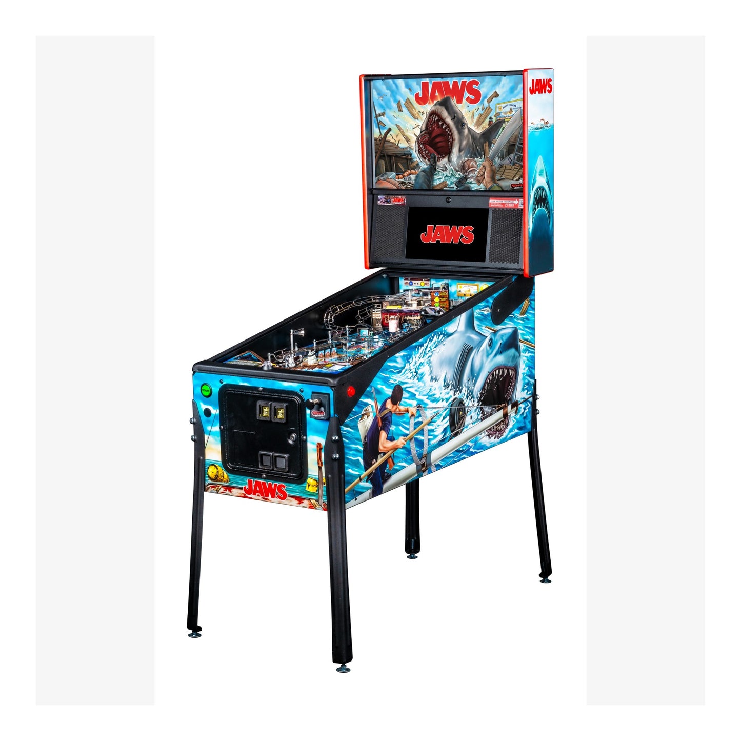 Pinball machine themed after the movie 'Jaws' on a white background