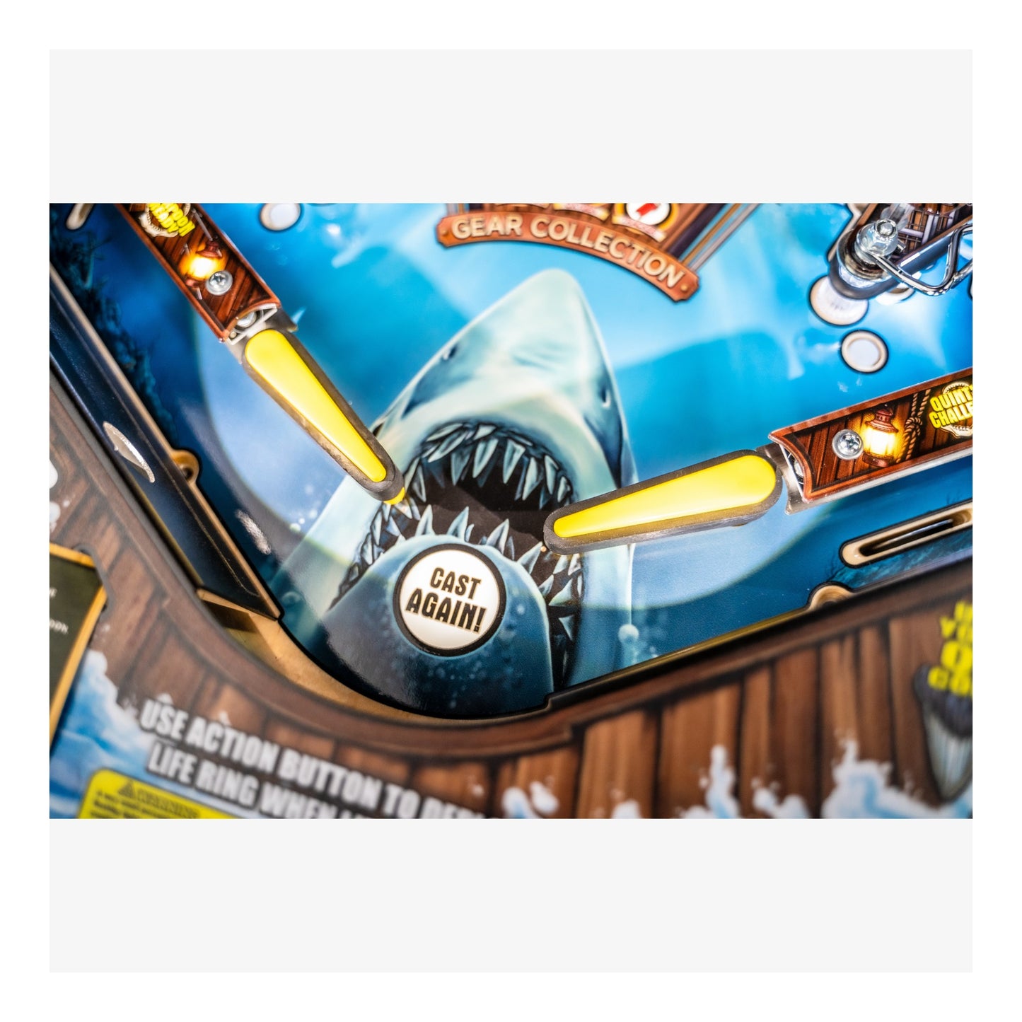 Close-up of a shark-themed pinball machine with glowing lights and text.