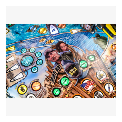 Pinball machine with colorful design and characters, featuring a blue sky and various objects.