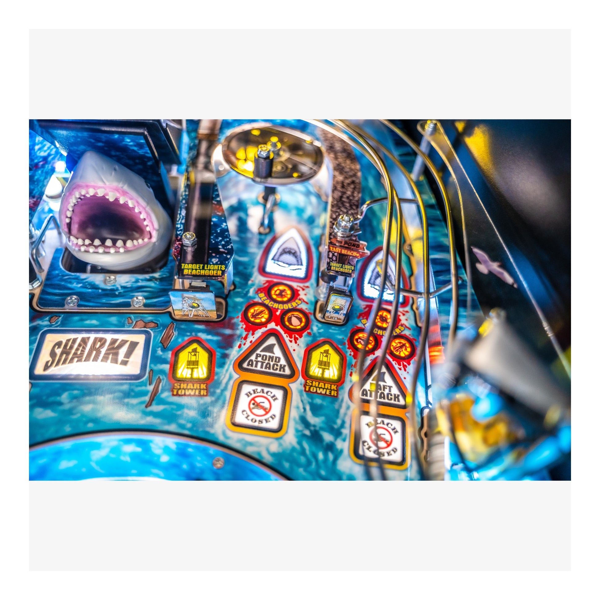 Close-up of a colorful pinball machine with shark-themed artwork and labels.