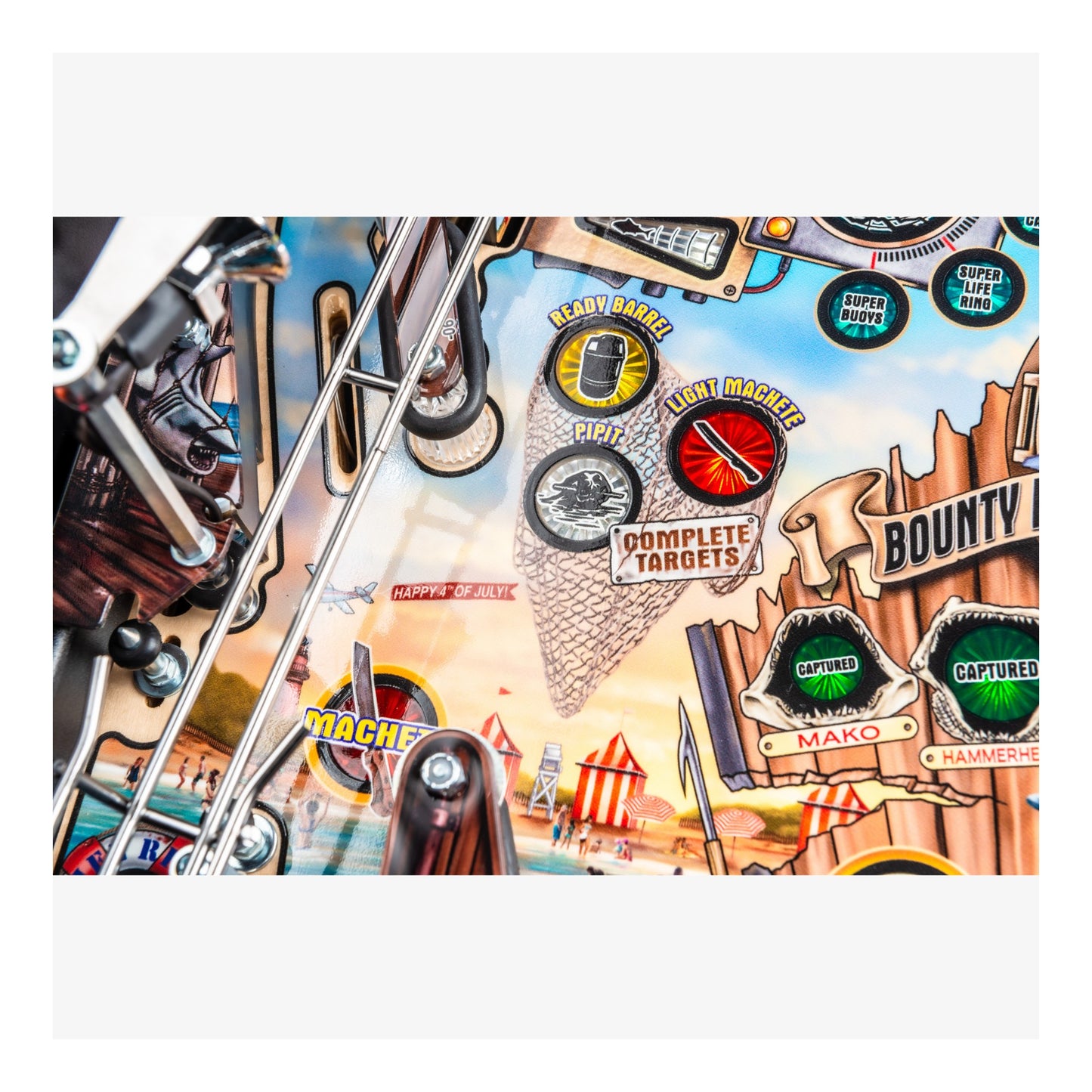 Close-up of a pinball machine with various targets and labels.