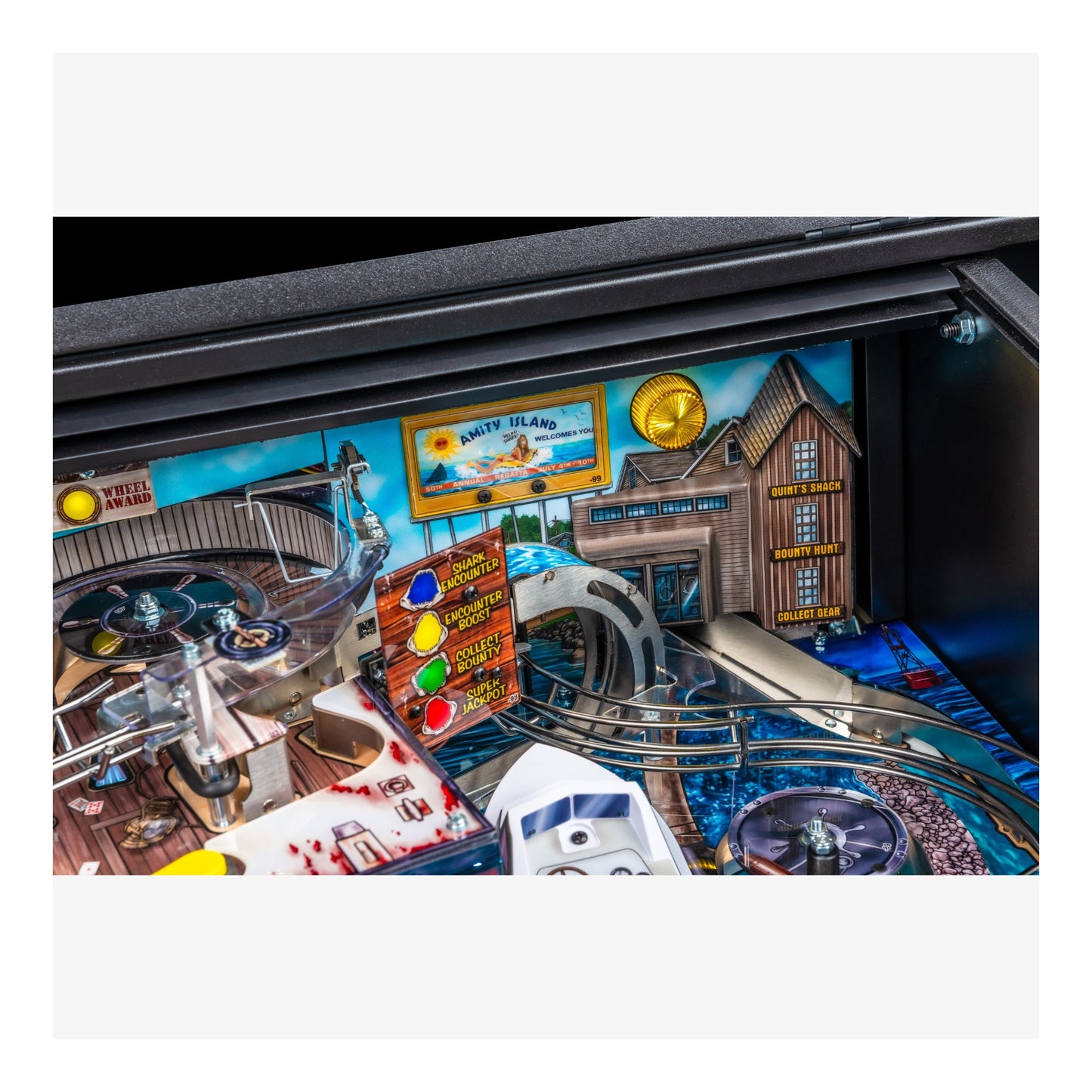 Close-up of a pinball machine with detailed artwork and player control panel.