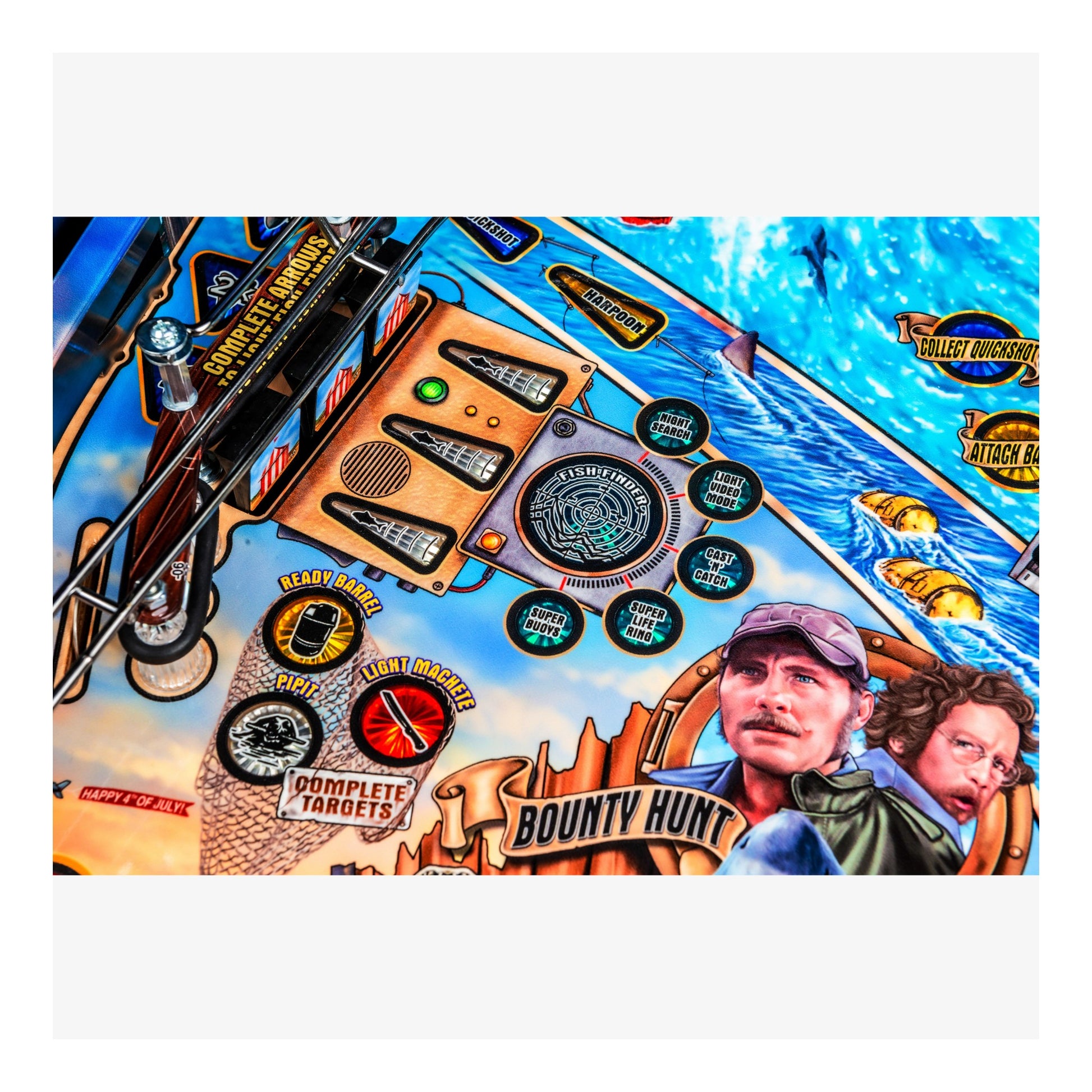 Close-up of a pinball machine with 'Bounty Hunt' theme and characters.
