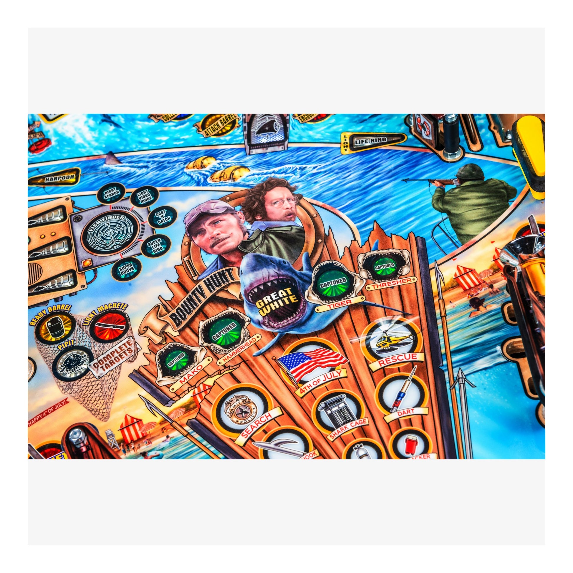 Colorful pinball machine with various elements and characters on a blue background