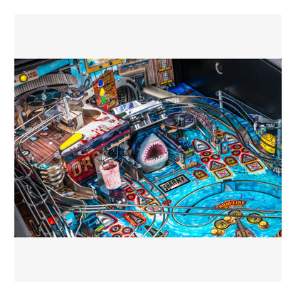 Pinball machine with shark character and colorful design